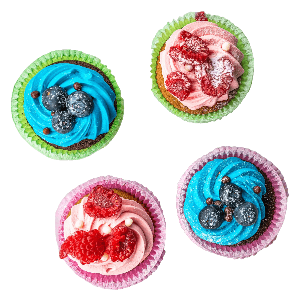 Four bright cupcakes with blue and pink buttercream swirls topped with berries, seen from above