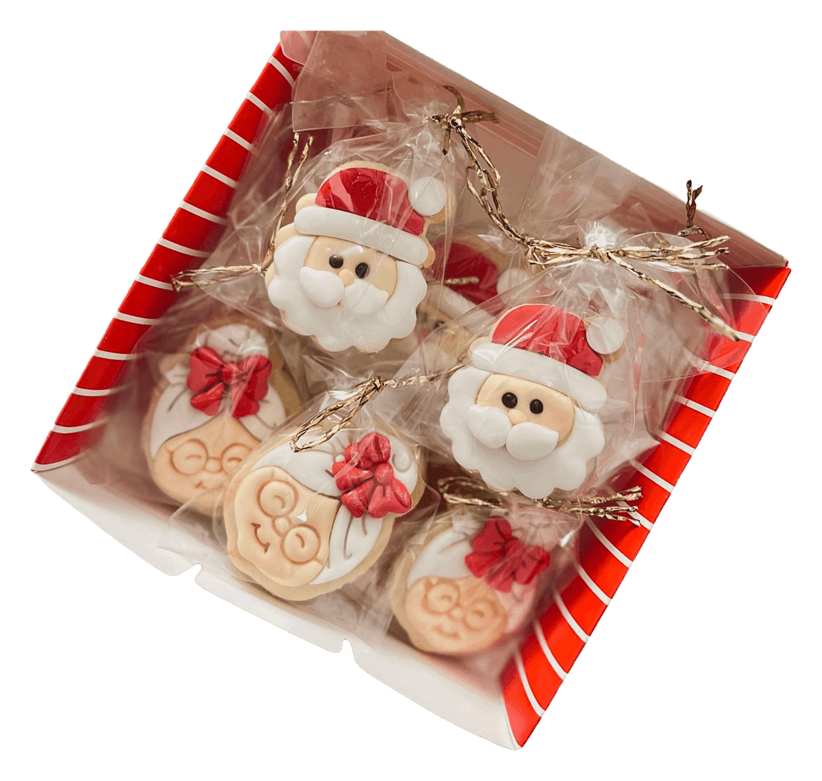 Box of iced Santa Christmas cookies, each wrapped in cellophane