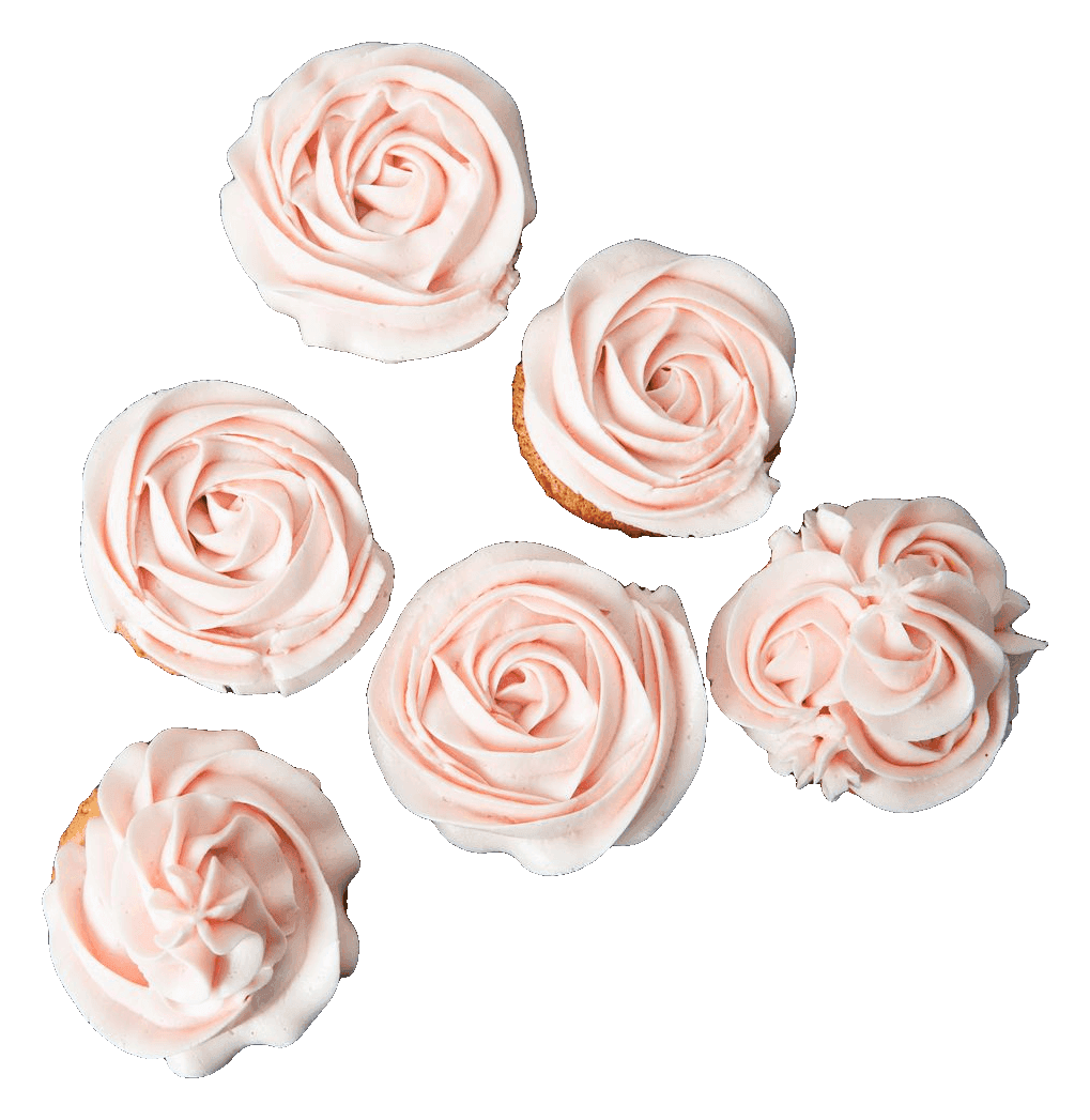 Cupcakes piped with pale pink buttercream roses, seen from above