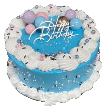 Blue birthday cake with white piped shells, pastel balls, sprinkles and a Happy Birthday topper, made in Townsville