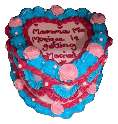 Pink, blue and magenta heart cake with a Mamma Mia hens party message, piped rosettes and pearls, made in Townsville