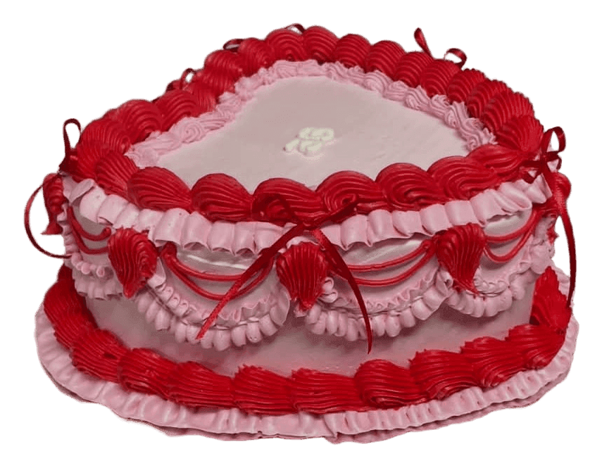 Pink and red vintage piped heart cake with ribbon swags, Townsville