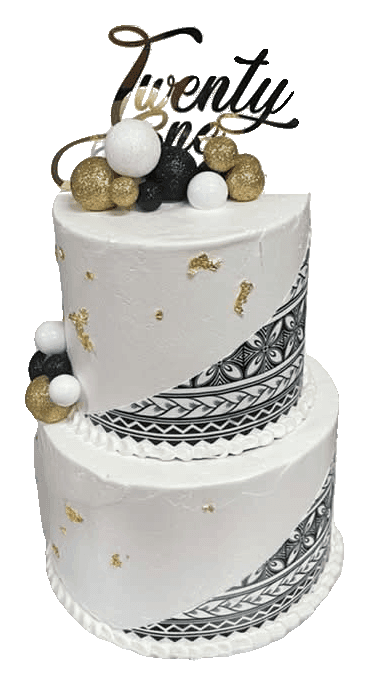 Two-tier white 21st birthday cake with a black Pacific pattern band, gold flakes, black, gold and white balls and a Twenty One topper, made in Townsville