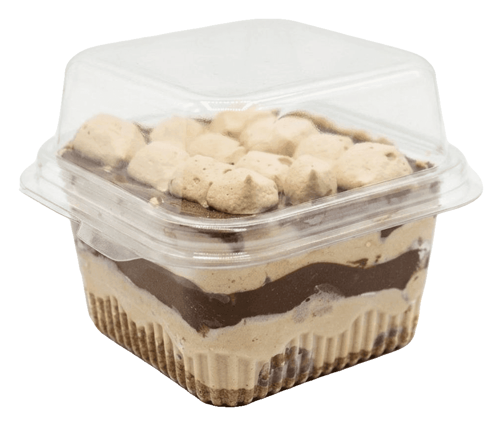 Layered cake and cream dessert in a clear grab-and-go tub