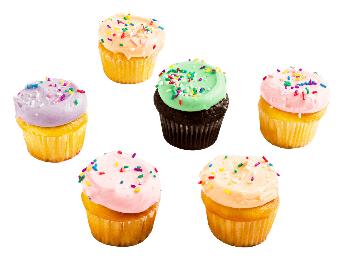 Six cupcakes with pastel lilac, pink, mint and peach icing and rainbow sprinkles