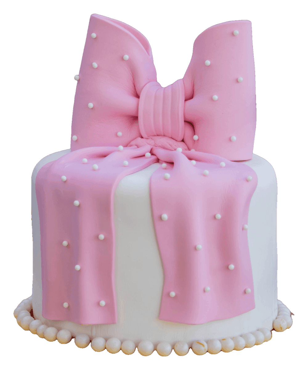 White cake wrapped like a present with a big pink fondant bow and pearls