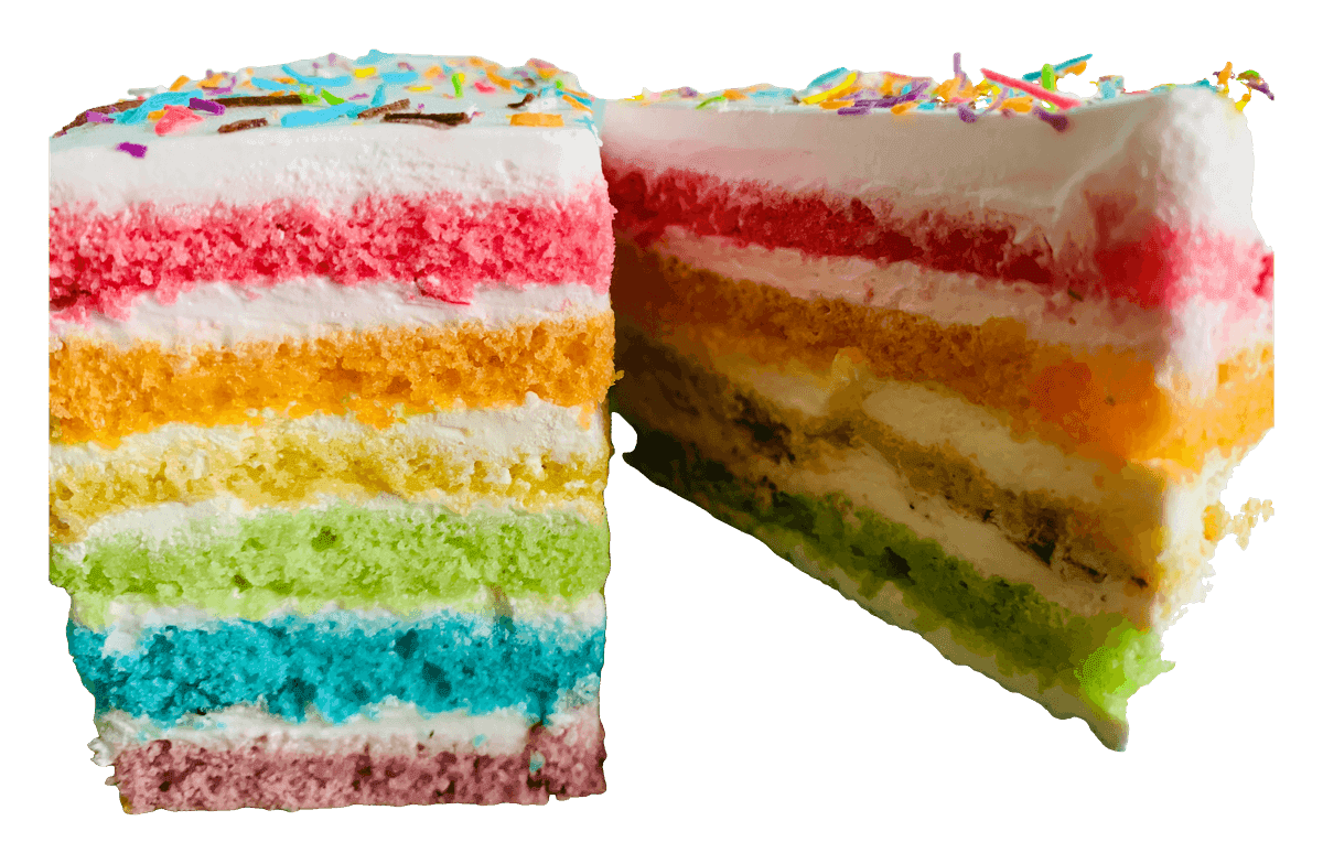 Cut-open cake showing bright rainbow sponge layers inside