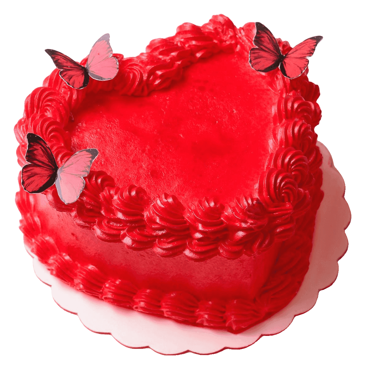 Red heart-shaped cake with vintage piped borders and butterfly decorations
