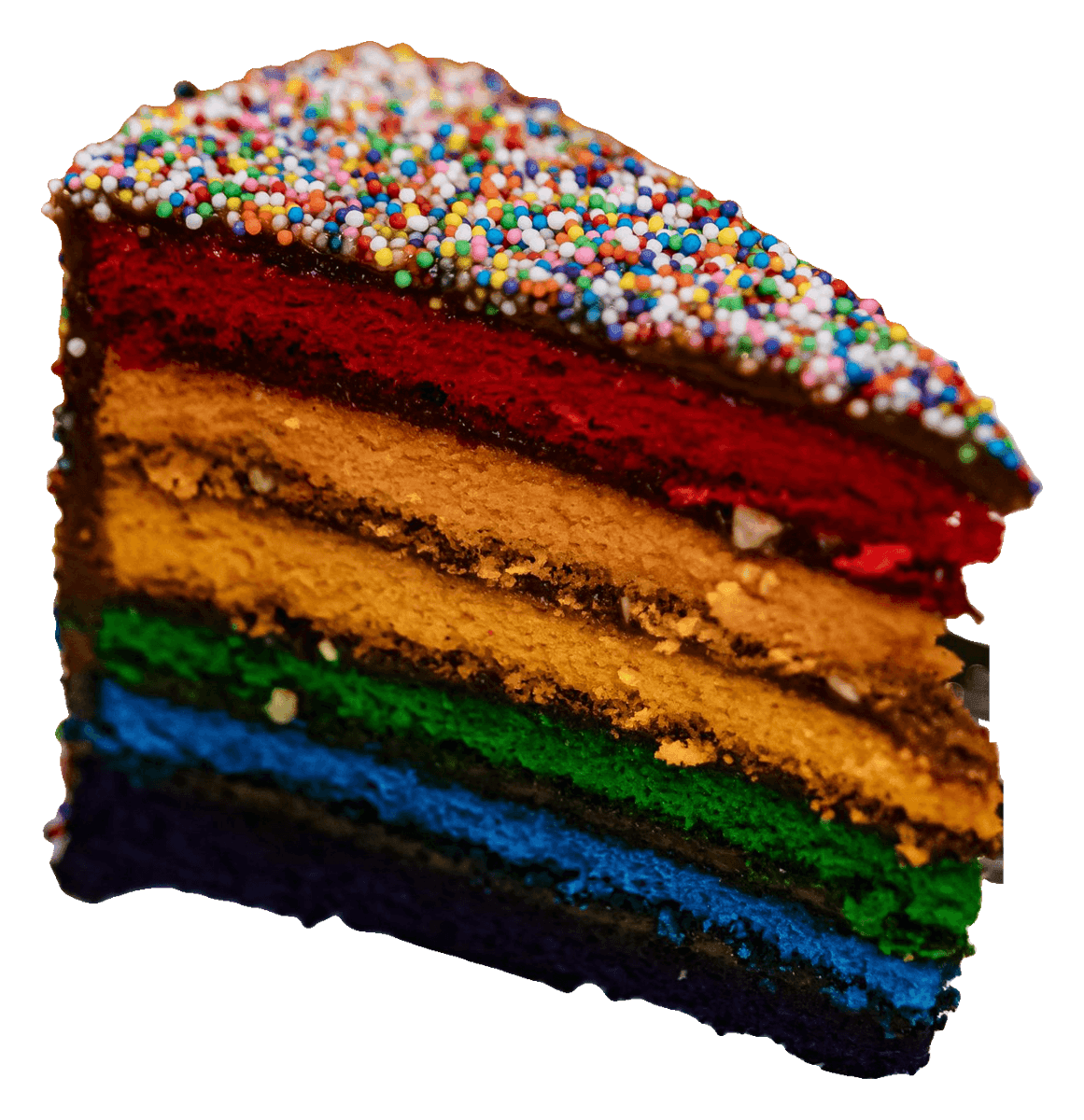 Slice of rainbow layer cake coated in hundreds and thousands, showing the layers inside