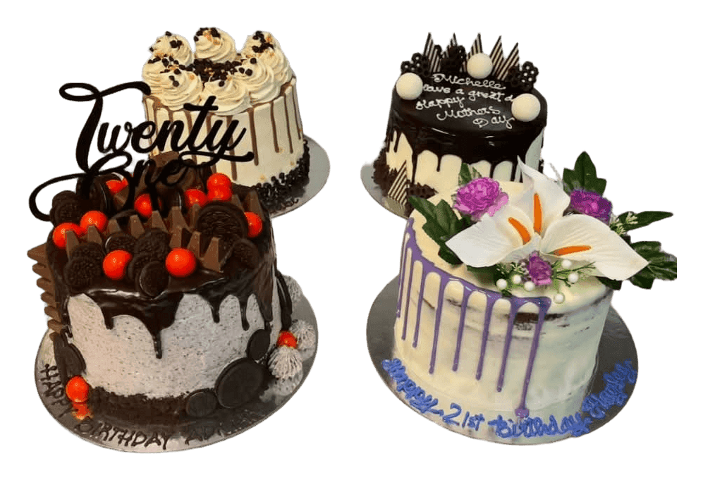 21st birthday drip cakes with chocolates, flowers and a Twenty One topper, Townsville