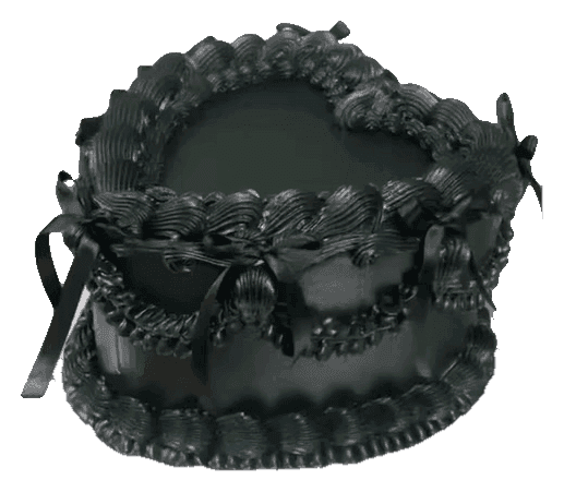 All-black gothic vintage-style heart cake with piped shells and black satin bows, made in Townsville