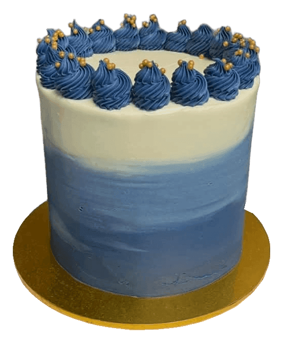 Tall blue ombre cake with navy rosettes on a gold board, Townsville