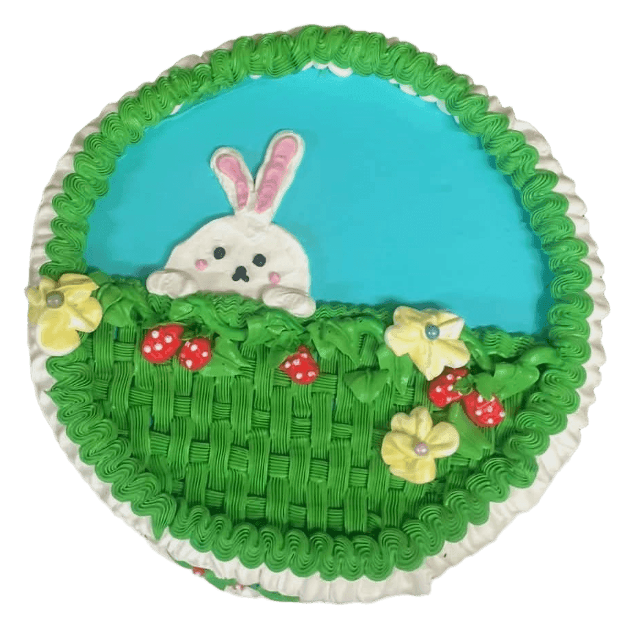 Easter cake with a bunny peeking over a piped basket-weave garden, Townsville