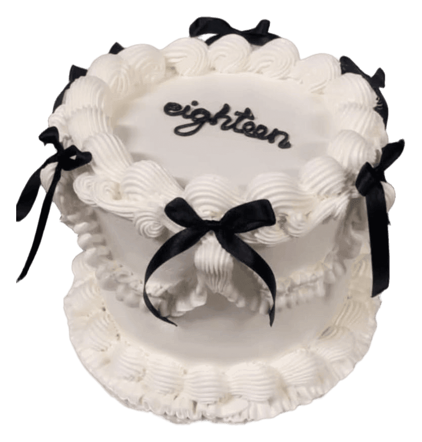 White vintage piped 18th birthday cake with navy bows, Townsville