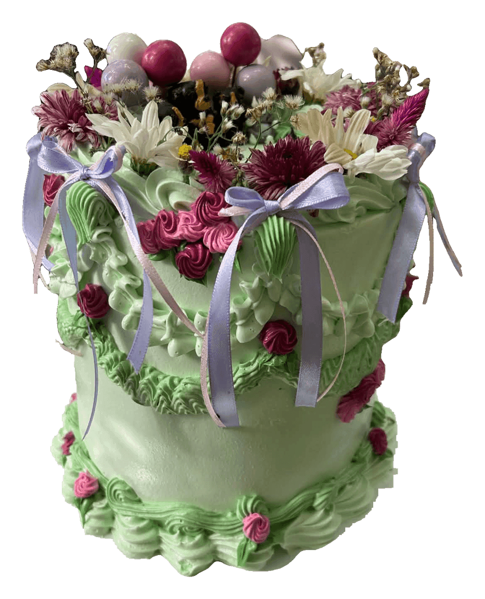 Mint green vintage piped cake with fresh flowers, lilac ribbons, pink piped roses and little dog toppers, made in Townsville