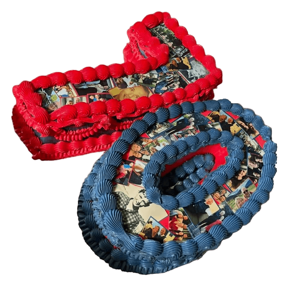Red and blue piped number cake filled with photos and treats, Townsville