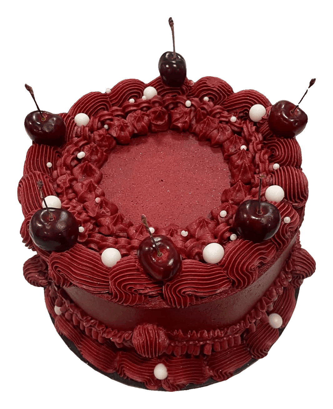 Red velvet vintage piped cake topped with fresh cherries and white pearls, made in Townsville