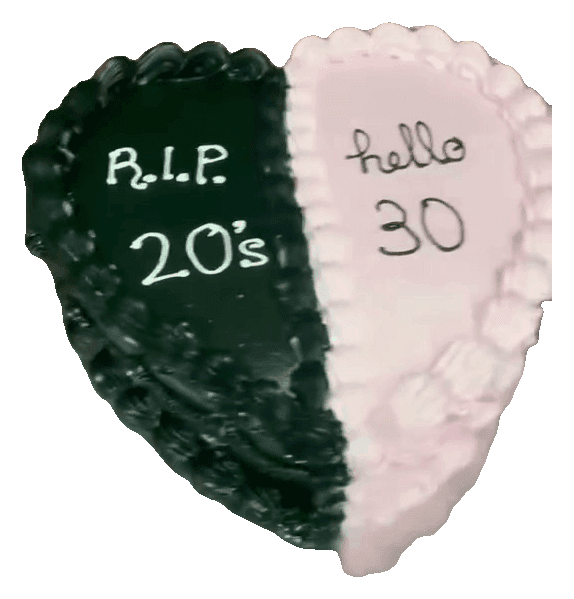 Half black, half pink heart cake reading R.I.P. 20's and hello 30 for a 30th birthday, made in Townsville